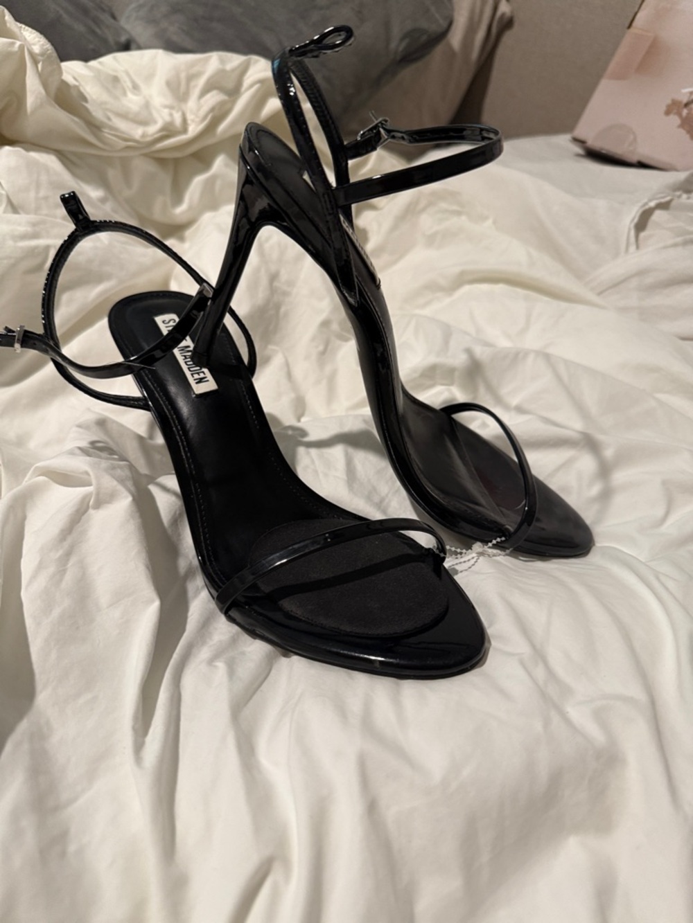 Steve Madden Black Patent Ankle-Strap Stiletto Sandals